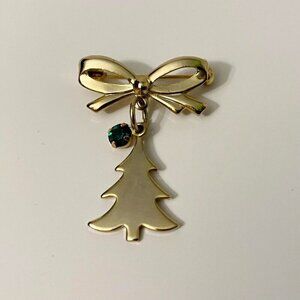 Vintage Christmas Pin Brooch Bow Tree Green Rhinestone Dangle